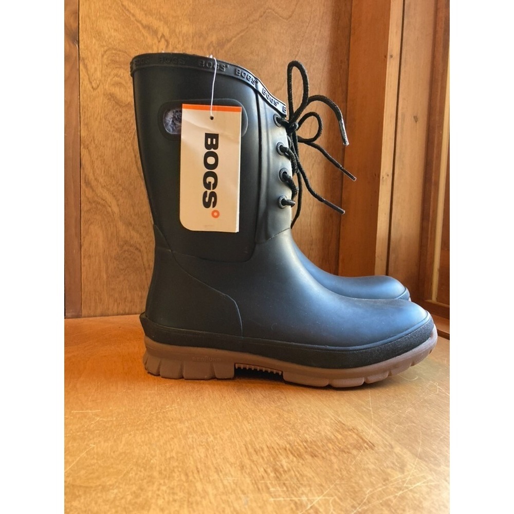 Bogs Amanda Faux Shearling Lined Rubber Lace Up Boots Black Womens Size US 7 NWT